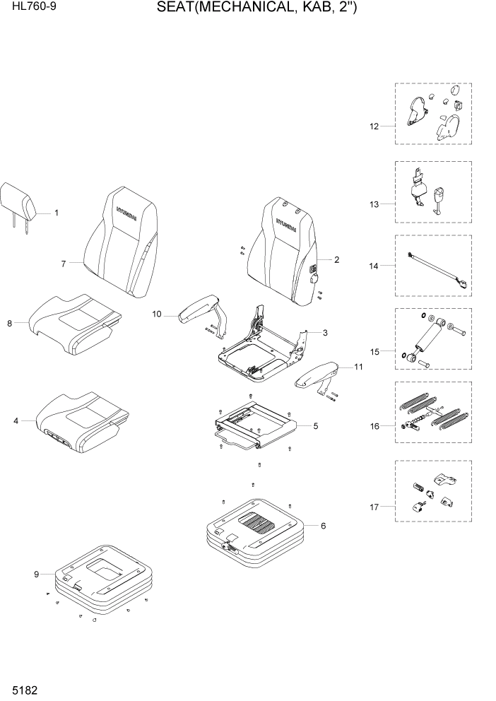 Схема запчастей Hyundai HL760-9 - PAGE 5182 SEAT(MECHANICAL, KAB, 2") СТРУКТУРА