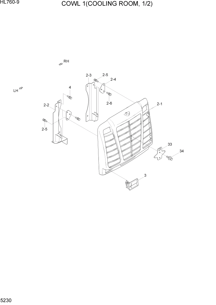 Схема запчастей Hyundai HL760-9 - PAGE 5230 COWL 1(COOLING ROOM, 1/2) СТРУКТУРА