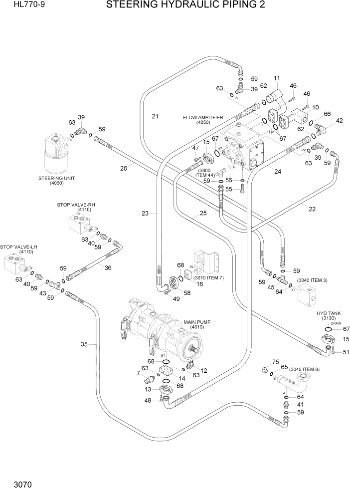 Схема запчастей Hyundai HL770-9 - PAGE 3070 STEERING HYDRAULIC PIPING 2 ГИДРАВЛИЧЕСКАЯ СИСТЕМА