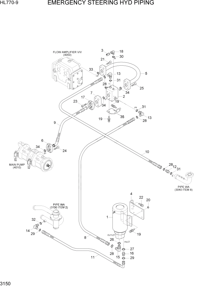 Схема запчастей Hyundai HL770-9 - PAGE 3150 EMERGENCY STEERING HYD PIPING ГИДРАВЛИЧЕСКАЯ СИСТЕМА