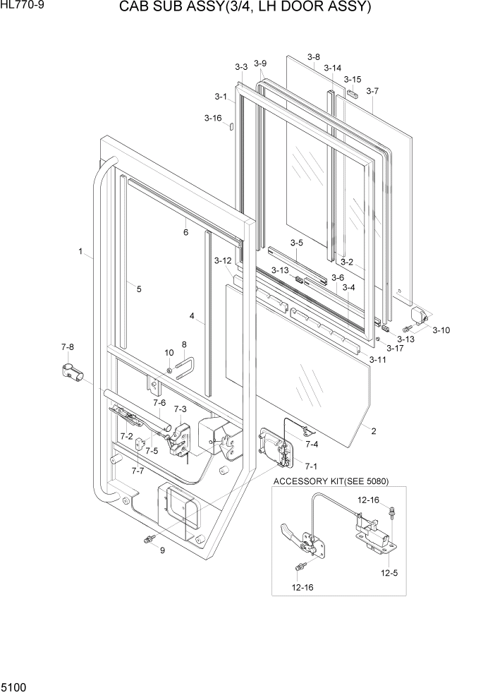 Схема запчастей Hyundai HL770-9 - PAGE 5100 CAB SUB ASSY(3/4, LH DOOR ASSY) СТРУКТУРА