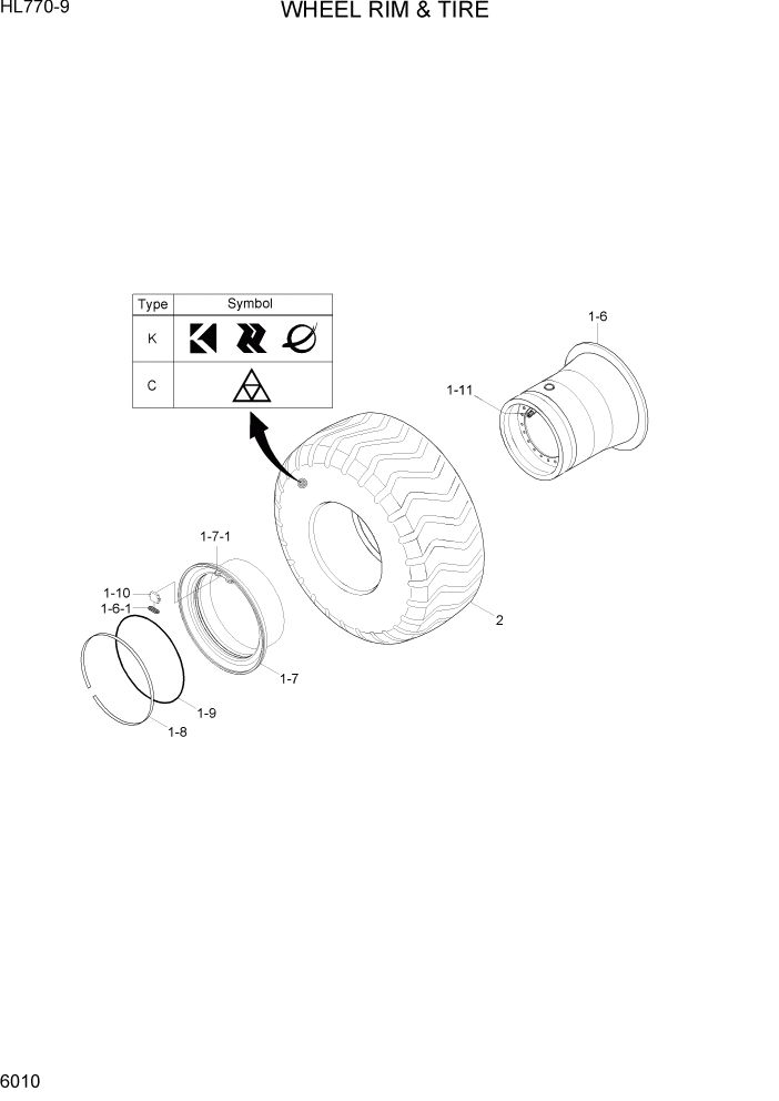 Схема запчастей Hyundai HL770-9 - PAGE 6010 WHEEL RIM & TIRE СИЛОВАЯ СИСТЕМА