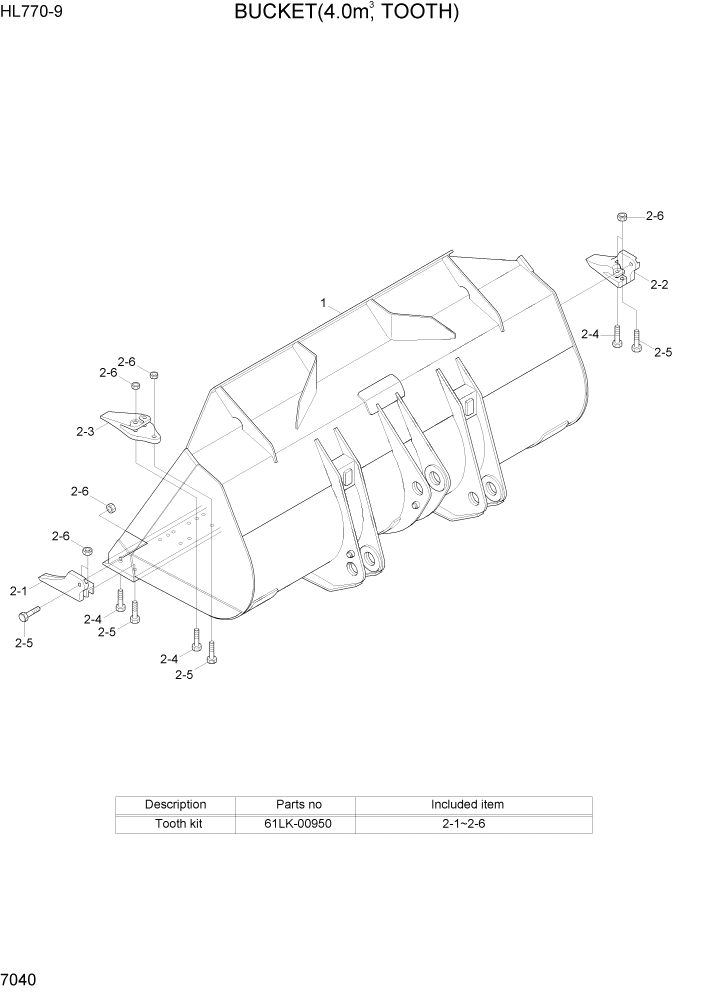 Схема запчастей Hyundai HL770-9 - PAGE 7040 BUCKET(4.0M3, TOOTH) РАБОЧЕЕ ОБОРУДОВАНИЕ