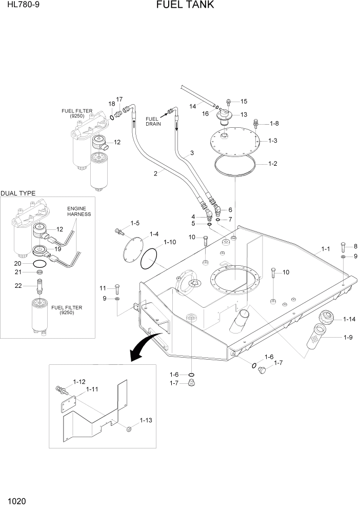 Схема запчастей Hyundai HL780-9 - PAGE 1020 FUEL TANK СИСТЕМА ДВИГАТЕЛЯ