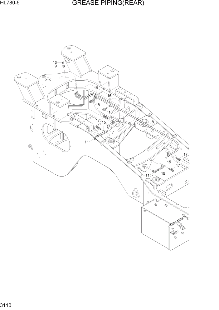 Схема запчастей Hyundai HL780-9 - PAGE 3110 GREASE PIPING(REAR) ГИДРАВЛИЧЕСКАЯ СИСТЕМА