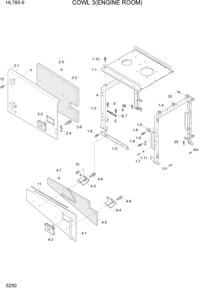 Схема запчастей Hyundai HL780-9 - PAGE 5250 COWL 3(ENGINE ROOM) СТРУКТУРА