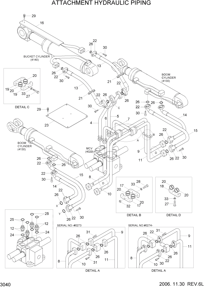 Схема запчастей Hyundai HL730-7 - PAGE 3040 ATTACHMENT HYDRAULIC PIPING ГИДРАВЛИЧЕСКАЯ СИСТЕМА