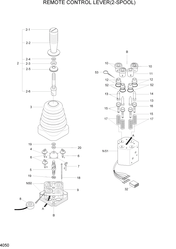 Схема запчастей Hyundai HL730-7 - PAGE 4050 REMOTE CONTROL LEVER(2-SPOOL) ГИДРАВЛИЧЕСКИЕ КОМПОНЕНТЫ