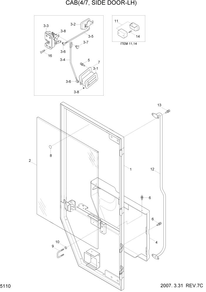 Схема запчастей Hyundai HL730-7 - PAGE 5110 CAB(4/7, SIDE DOOR-LH) СТРУКТУРА