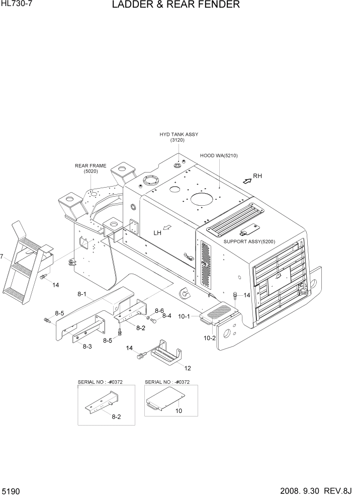 Схема запчастей Hyundai HL730-7 - PAGE 5190 LADDER & REAR FENDER СТРУКТУРА