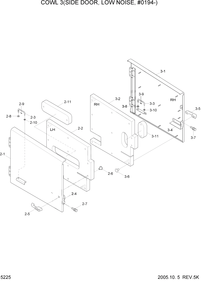 Схема запчастей Hyundai HL730-7 - PAGE 5225 COWL 3(SIDE DOOR, LOW NOISE, #0194-) СТРУКТУРА