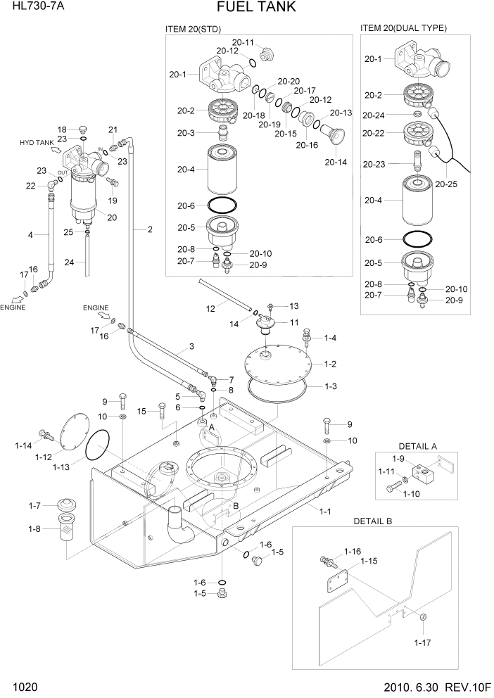 Схема запчастей Hyundai HL730-7A - PAGE 1020 FUEL TANK СИСТЕМА ДВИГАТЕЛЯ