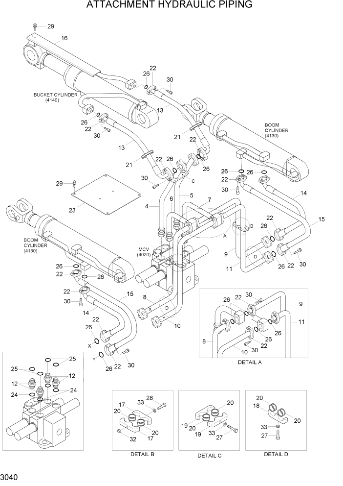 Схема запчастей Hyundai HL730-7A - PAGE 3040 ATTACHMENT HYDRAULIC PIPING ГИДРАВЛИЧЕСКАЯ СИСТЕМА