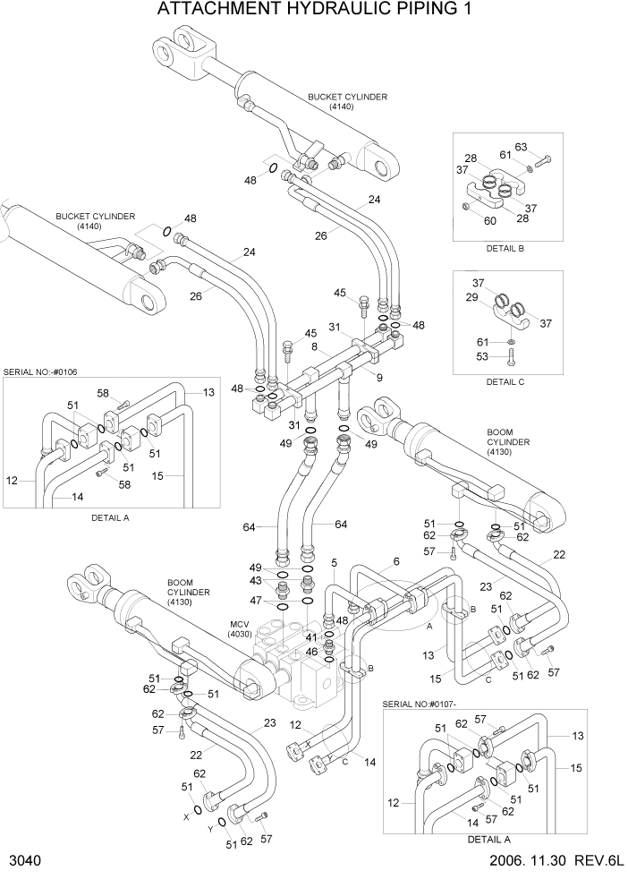 Схема запчастей Hyundai HL730TM7 - PAGE 3040 ATTACHMENT HYDRAULIC PIPING 1 ГИДРАВЛИЧЕСКАЯ СИСТЕМА