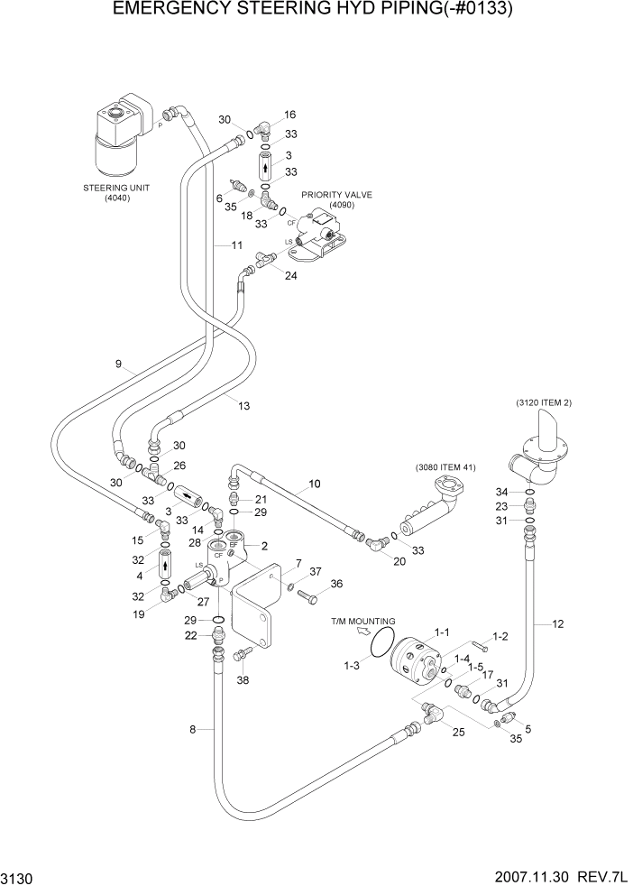 Схема запчастей Hyundai HL730TM7 - PAGE 3130 EMERGENCY STEERING HYD PIPING(-#0133) ГИДРАВЛИЧЕСКАЯ СИСТЕМА