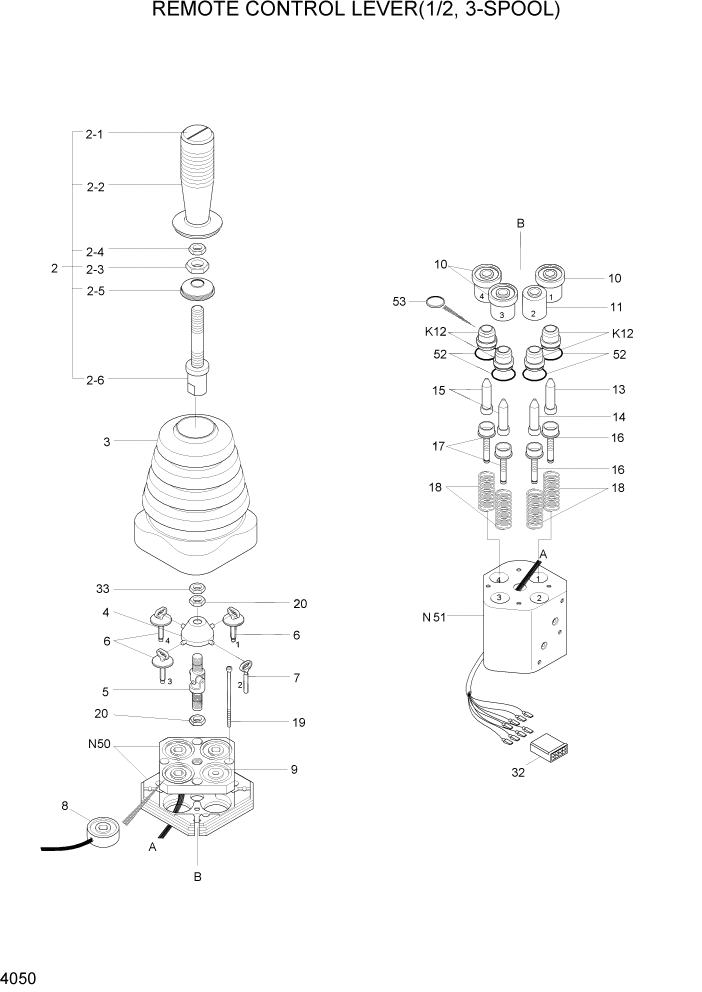 Схема запчастей Hyundai HL730TM7 - PAGE 4050 REMOTE CONTROL LEVER(1/2, 3-SPOOL) ГИДРАВЛИЧЕСКИЕ КОМПОНЕНТЫ