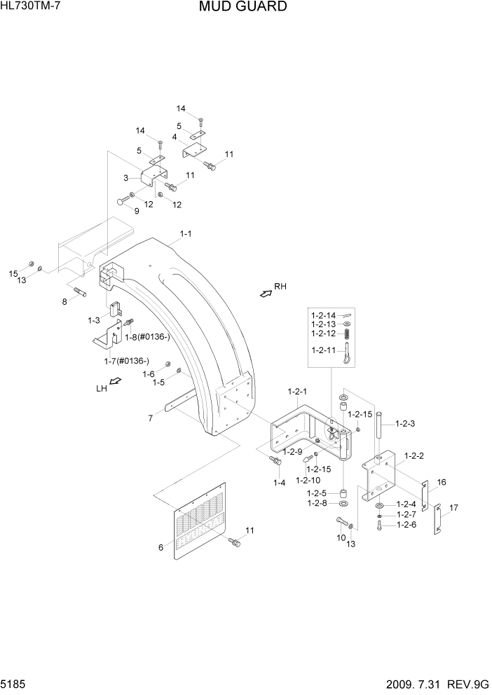Схема запчастей Hyundai HL730TM7 - PAGE 5185 MUD GUARD(ROUND COWL TYPE) СТРУКТУРА