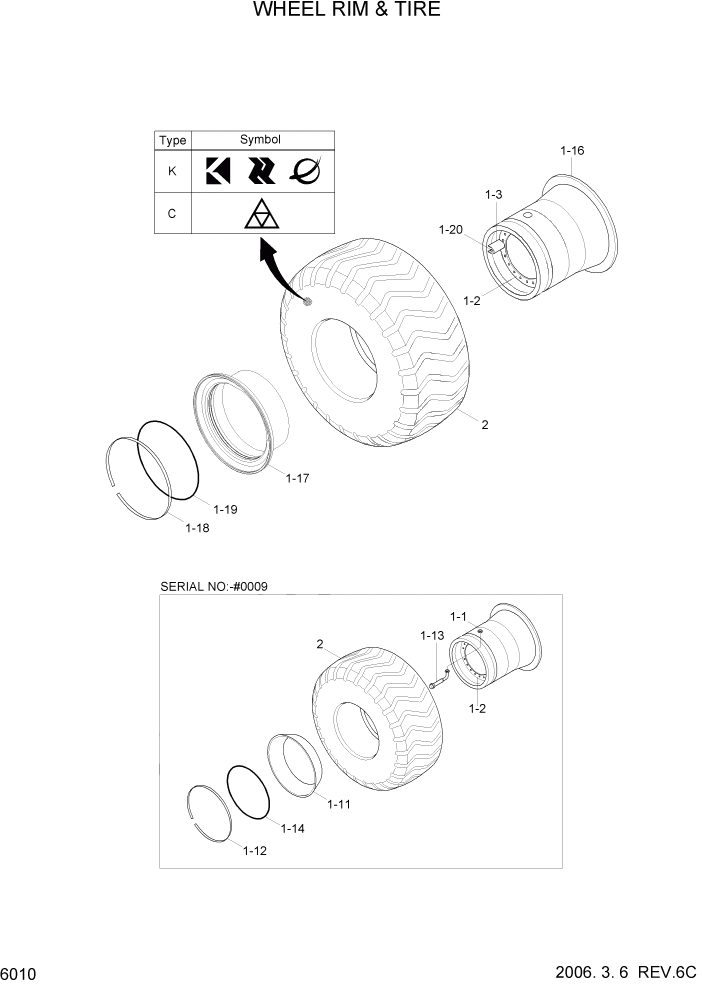 Схема запчастей Hyundai HL730TM7 - PAGE 6010 WHEEL RIM & TIRE СИЛОВАЯ СИСТЕМА