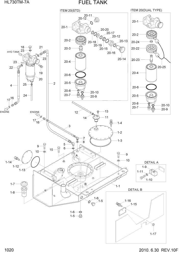 Схема запчастей Hyundai HL730TM7A - PAGE 1020 FUEL TANK СИСТЕМА ДВИГАТЕЛЯ