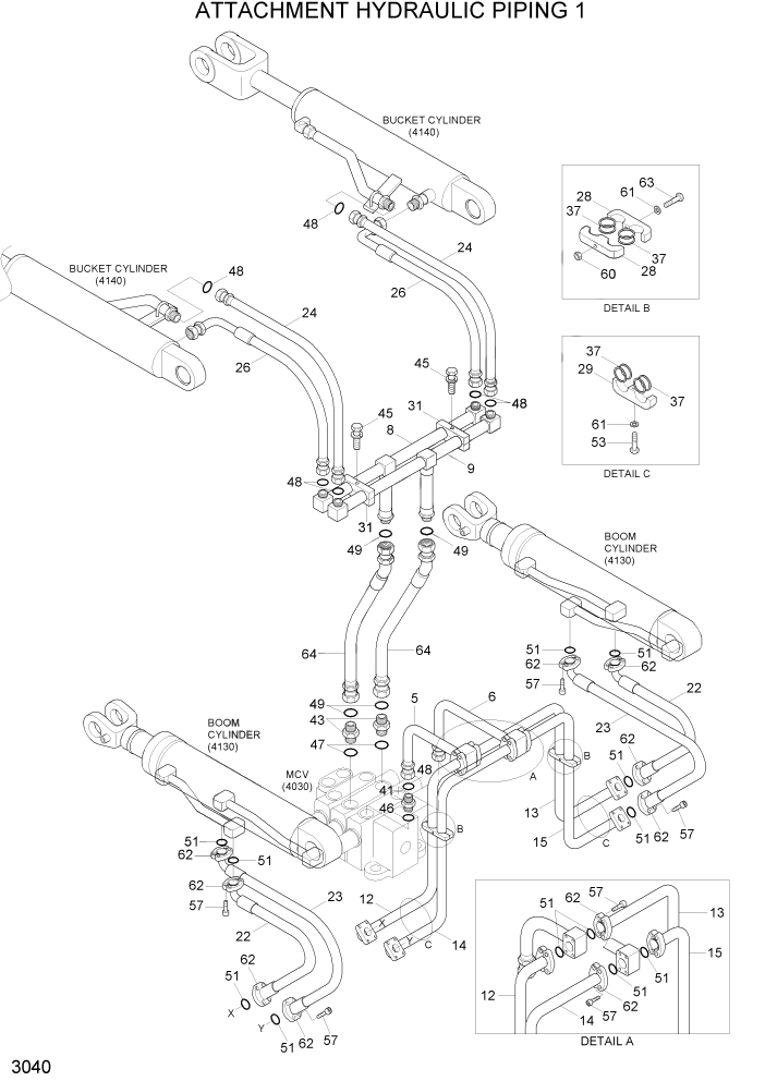 Схема запчастей Hyundai HL730TM7A - PAGE 3040 ATTACHMENT HYDRAULIC PIPING 1 ГИДРАВЛИЧЕСКАЯ СИСТЕМА