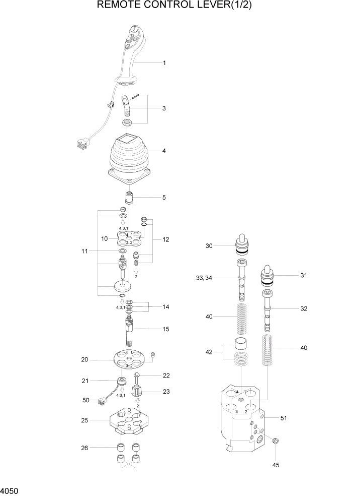 Схема запчастей Hyundai HL730TM7A - PAGE 4050 REMOTE CONTROL LEVER(1/2) ГИДРАВЛИЧЕСКИЕ КОМПОНЕНТЫ