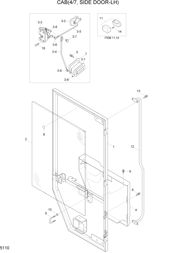 Схема запчастей Hyundai HL730TM7A - PAGE 5110 CAB(4/7, SIDE DOOR-LH) СТРУКТУРА