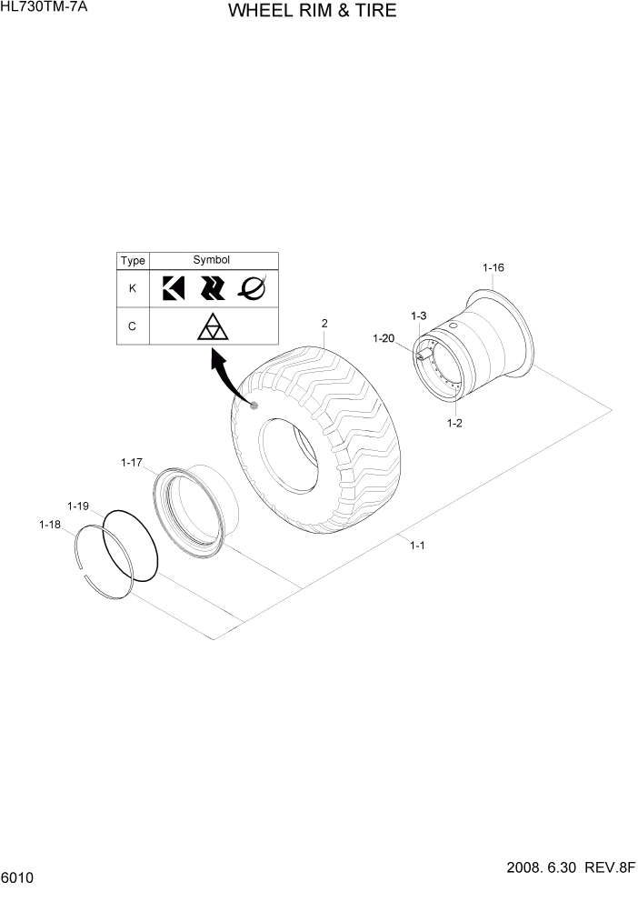 Схема запчастей Hyundai HL730TM7A - PAGE 6010 WHEEL RIM & TIRE СИЛОВАЯ СИСТЕМА