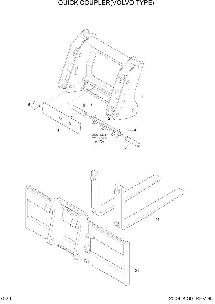 Схема запчастей Hyundai HL730TM7A - PAGE 7020 QUICK COUPLER(VOLVO TYPE) РАБОЧЕЕ ОБОРУДОВАНИЕ