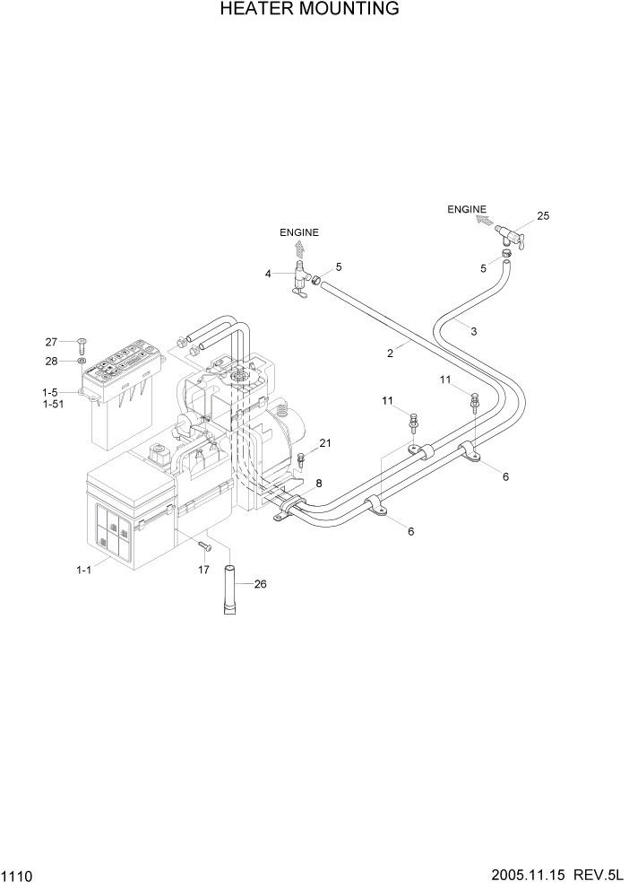 Схема запчастей Hyundai HL740-7 - PAGE 1110 HEATER MOUNTING СИСТЕМА ДВИГАТЕЛЯ