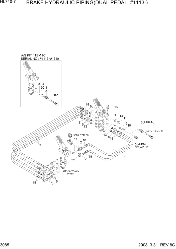 Схема запчастей Hyundai HL740-7 - PAGE 3085 BRAKE HYDRAULIC PIPING(DUAL PEDAL) ГИДРАВЛИЧЕСКАЯ СИСТЕМА