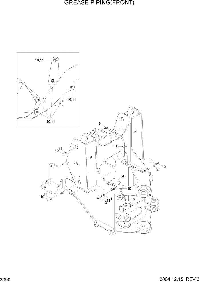 Схема запчастей Hyundai HL740-7 - PAGE 3090 GREASE PIPING(FRONT) ГИДРАВЛИЧЕСКАЯ СИСТЕМА