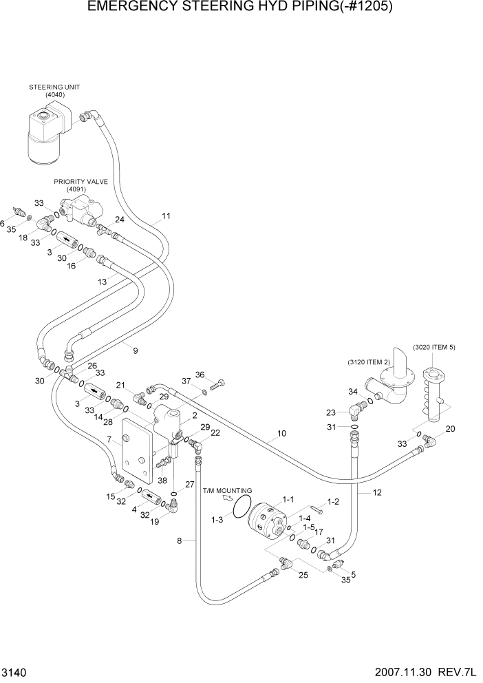 Схема запчастей Hyundai HL740-7 - PAGE 3140 EMERGENCY STEERING HYD PIPING(-#1205) ГИДРАВЛИЧЕСКАЯ СИСТЕМА