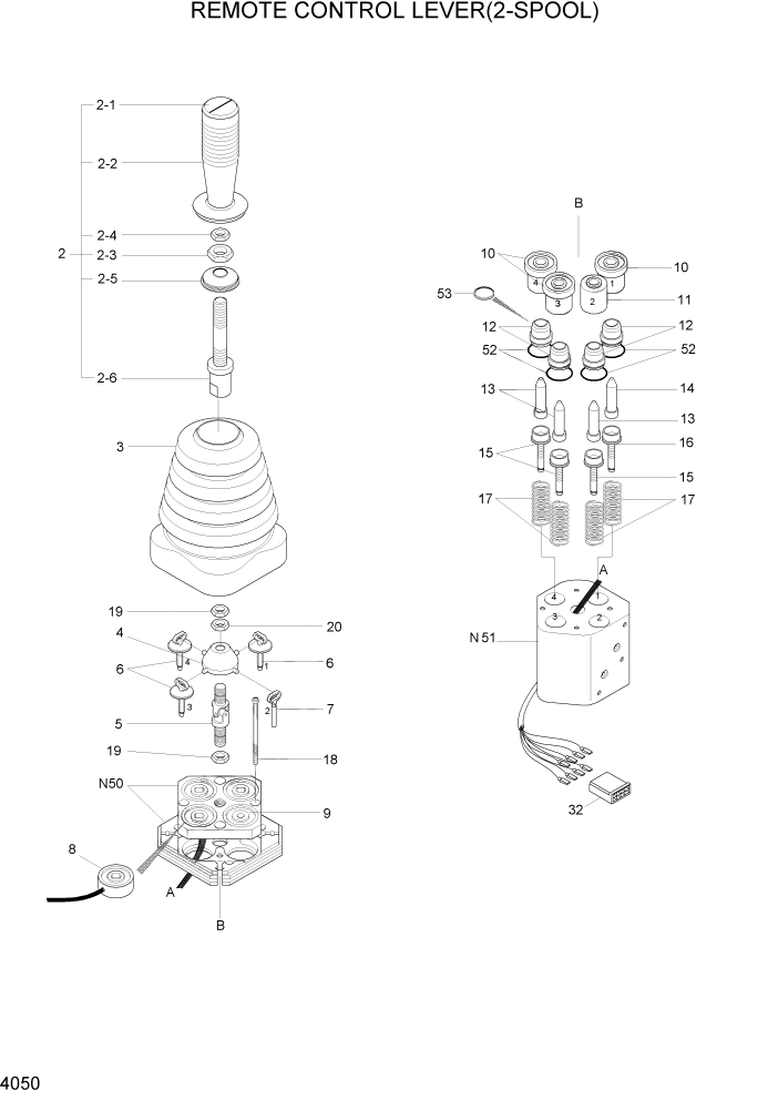 Схема запчастей Hyundai HL740-7 - PAGE 4050 REMOTE CONTROL LEVER(2-SPOOL) ГИДРАВЛИЧЕСКИЕ КОМПОНЕНТЫ