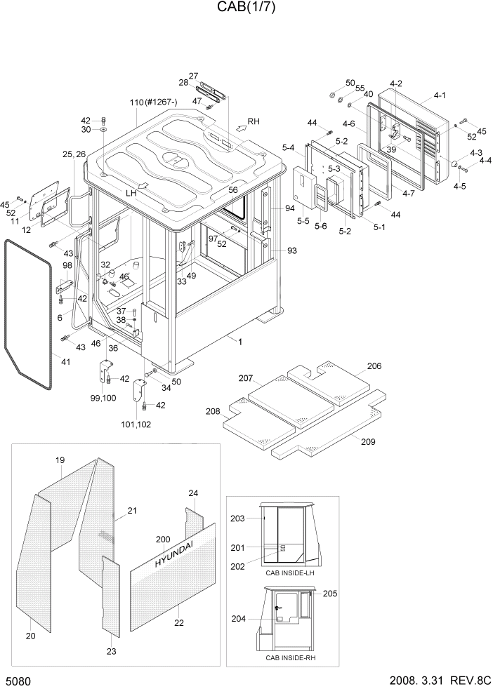 Схема запчастей Hyundai HL740-7 - PAGE 5080 CAB(1/7) СТРУКТУРА