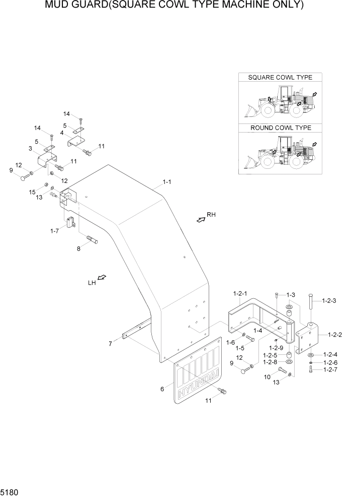 Схема запчастей Hyundai HL740-7 - PAGE 5180 MUD GUARD(SQUARE COWL TYPE) СТРУКТУРА