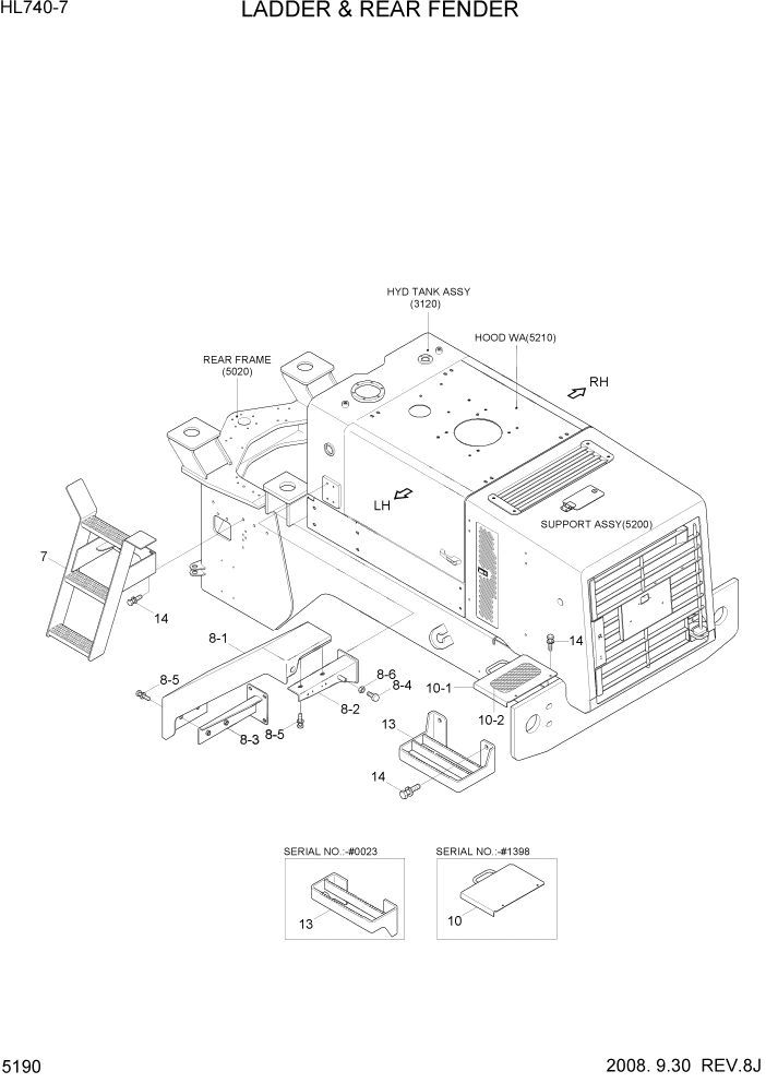 Схема запчастей Hyundai HL740-7 - PAGE 5190 LADDER & REAR FENDER СТРУКТУРА