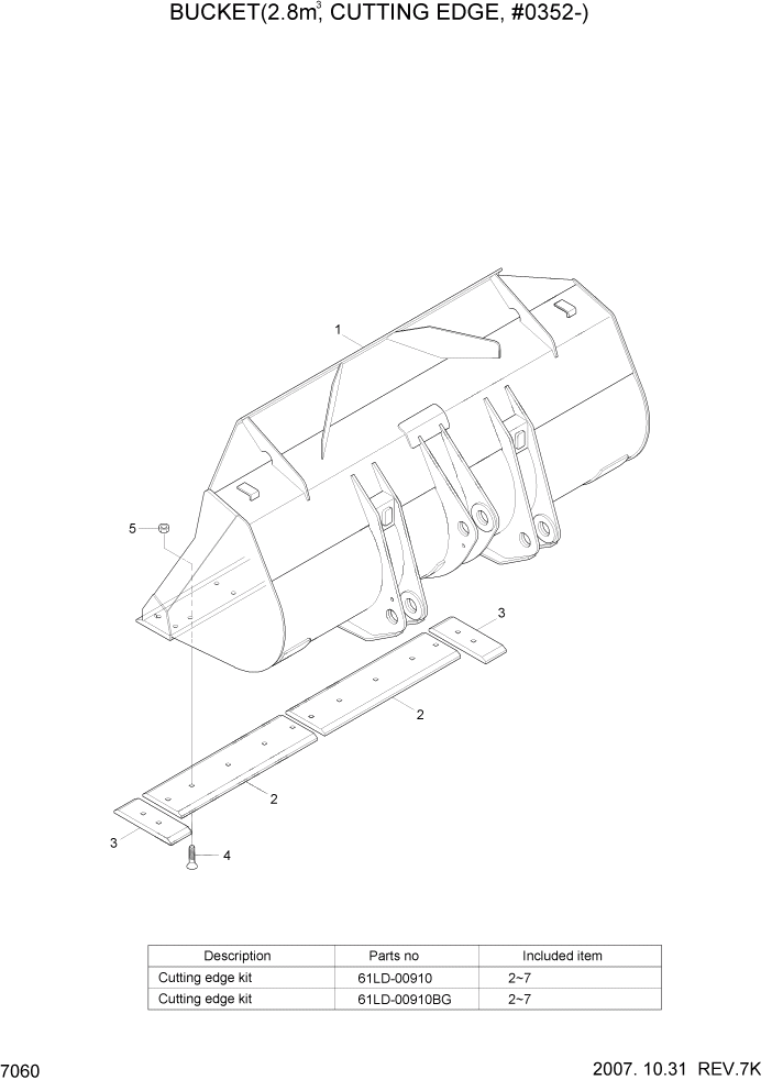 Схема запчастей Hyundai HL740-7 - PAGE 7060 BUCKET(2.8M3, CUTTING EDGE, #0352-) РАБОЧЕЕ ОБОРУДОВАНИЕ