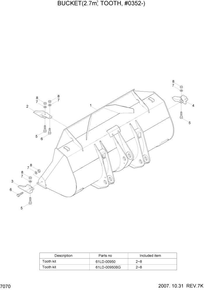 Схема запчастей Hyundai HL740-7 - PAGE 7070 BUCKET(2.7M3, TOOTH, #0352-) РАБОЧЕЕ ОБОРУДОВАНИЕ