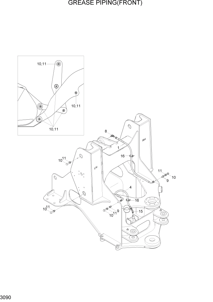 Схема запчастей Hyundai HL740-7A - PAGE 3090 GREASE PIPING(FRONT) ГИДРАВЛИЧЕСКАЯ СИСТЕМА