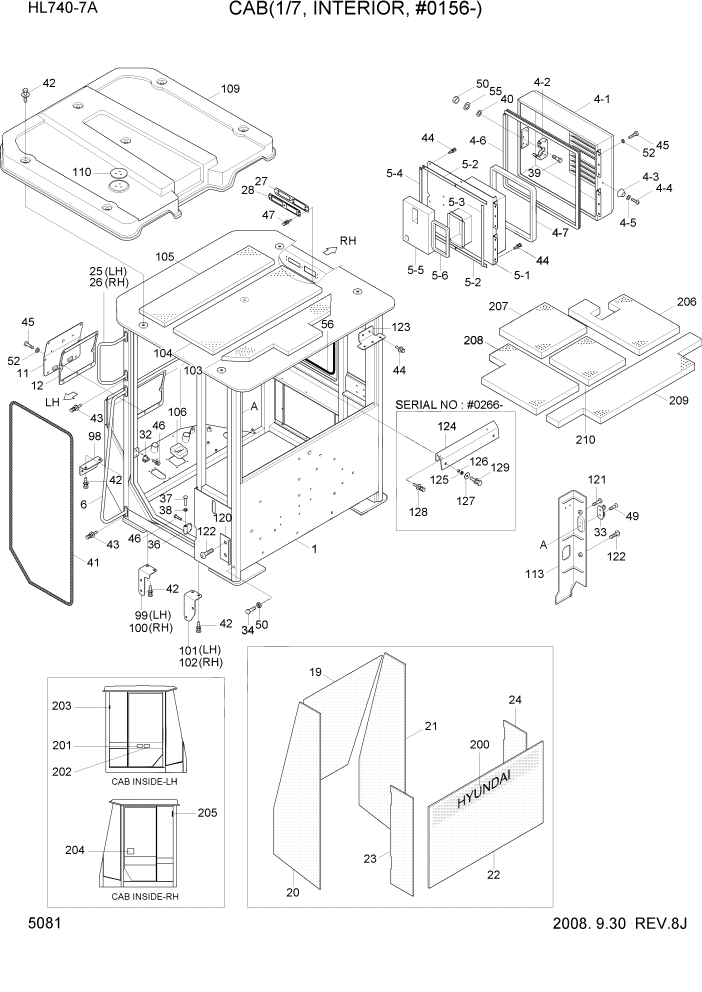 Схема запчастей Hyundai HL740-7A - PAGE 5081 CAB(1/7, INTERIOR, #0156-) СТРУКТУРА