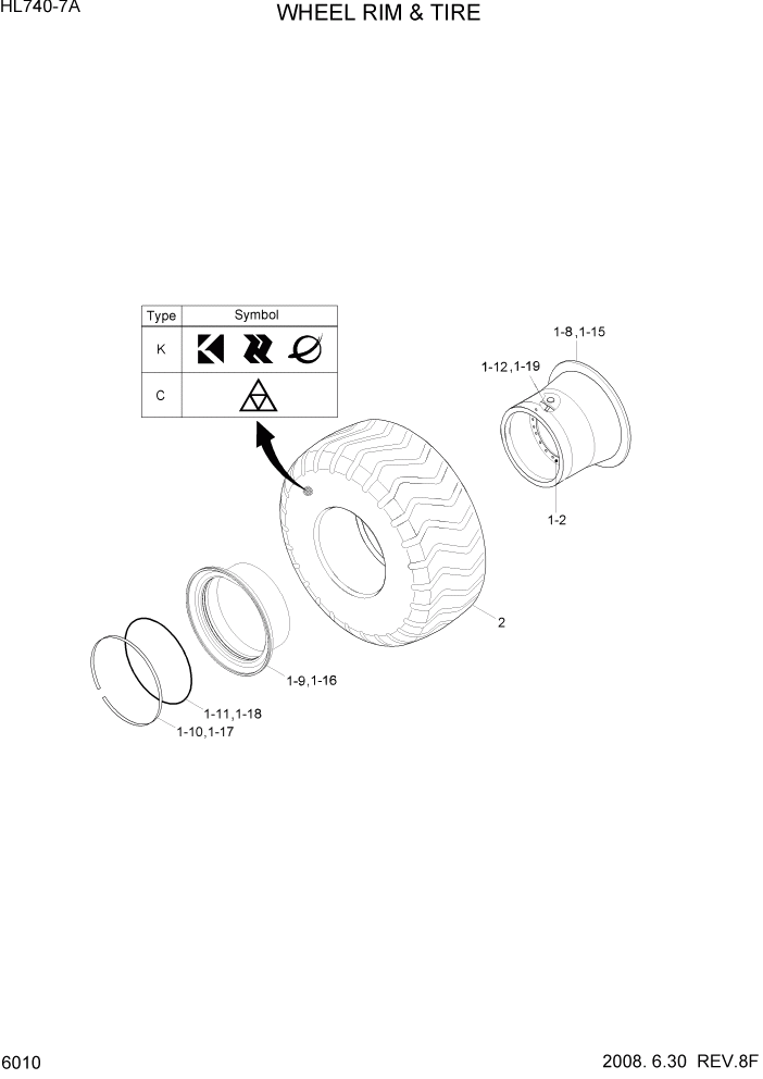 Схема запчастей Hyundai HL740-7A - PAGE 6010 WHEEL RIM & TIRE СИЛОВАЯ СИСТЕМА