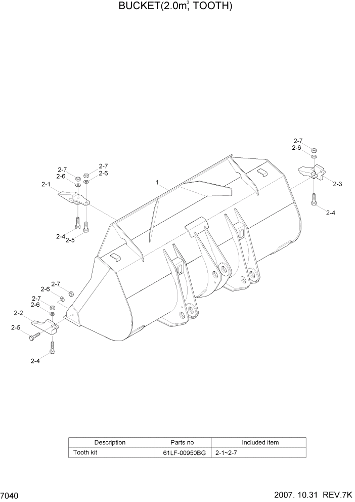 Схема запчастей Hyundai HL740-7A - PAGE 7040 BUCKET(2.0M3, TOOTH) РАБОЧЕЕ ОБОРУДОВАНИЕ