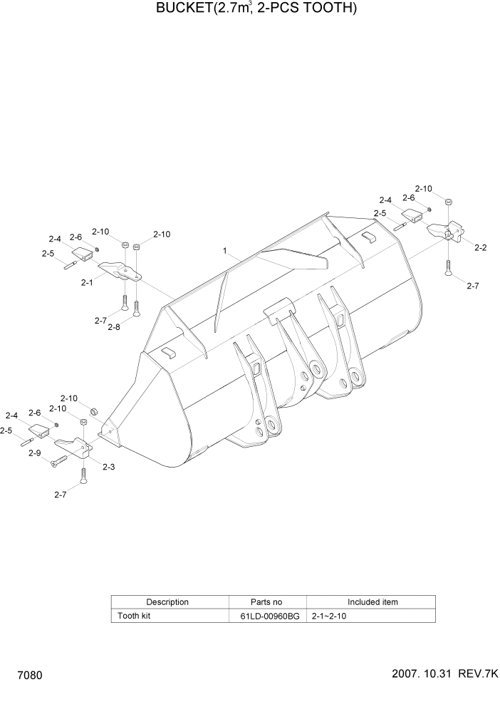 Схема запчастей Hyundai HL740-7A - PAGE 7080 BUCKET(2.7M3, 2-PCS TOOTH) РАБОЧЕЕ ОБОРУДОВАНИЕ