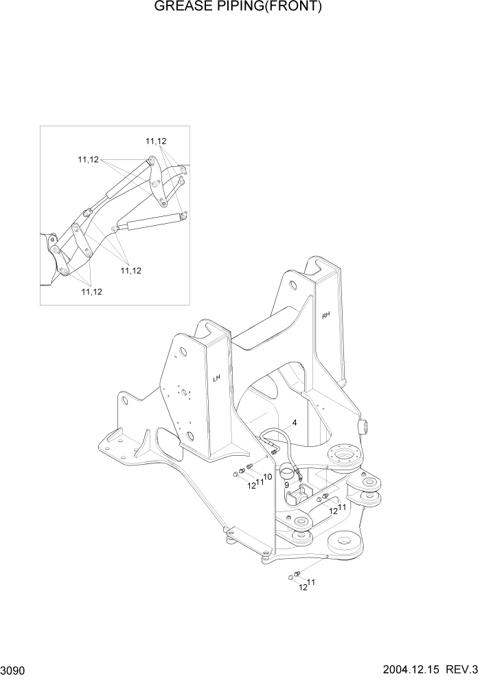 Схема запчастей Hyundai HL740TM-7 - PAGE 3090 GREASE PIPING(FRONT) ГИДРАВЛИЧЕСКАЯ СИСТЕМА