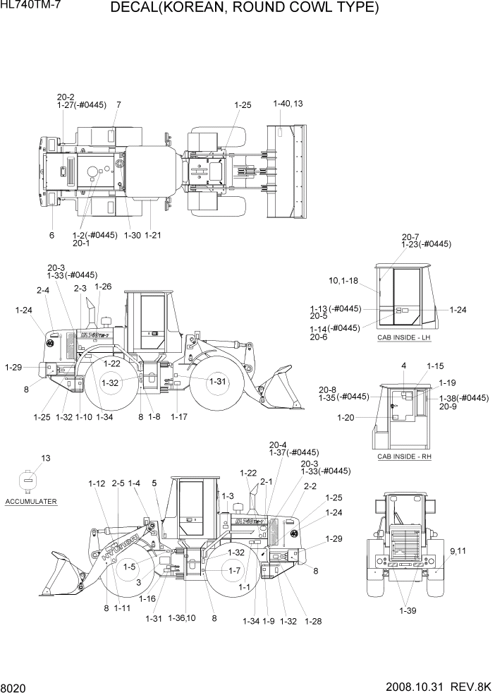 Схема запчастей Hyundai HL740TM-7 - PAGE 8020 DECALS(KOREAN, ROUND COWL TYPE) ДРУГИЕ ЧАСТИ