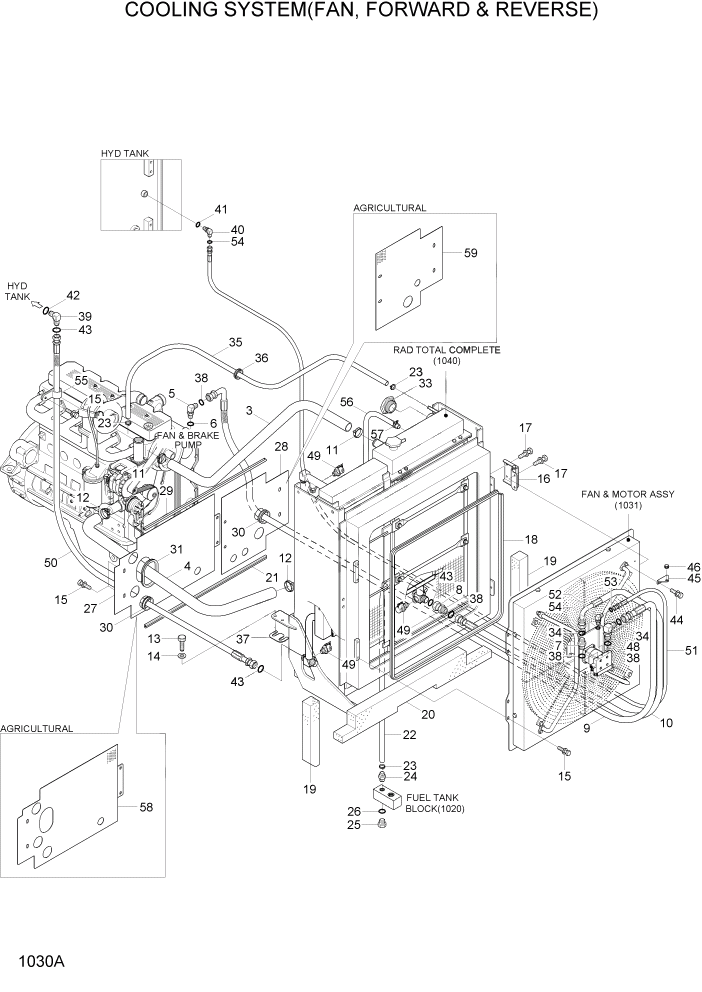 Схема запчастей Hyundai HL740TM-7A - PAGE 1030A COOLING SYSTEM(FAN, FORWARD & REVERSE) СИСТЕМА ДВИГАТЕЛЯ