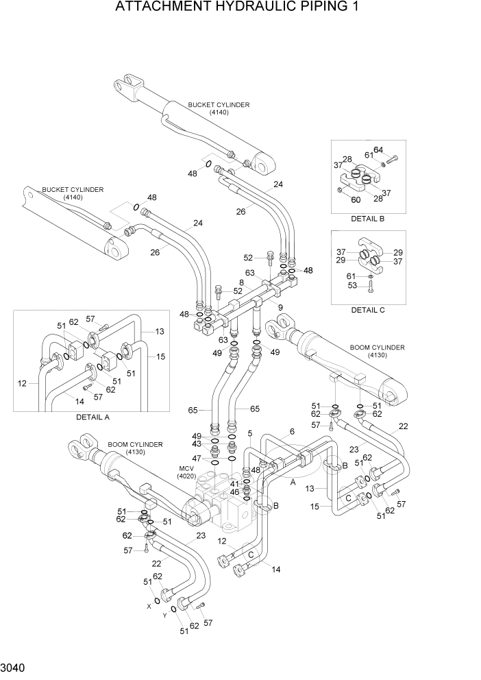 Схема запчастей Hyundai HL740TM-7A - PAGE 3040 ATTACHMENT HYDRAULIC PIPING 1 ГИДРАВЛИЧЕСКАЯ СИСТЕМА