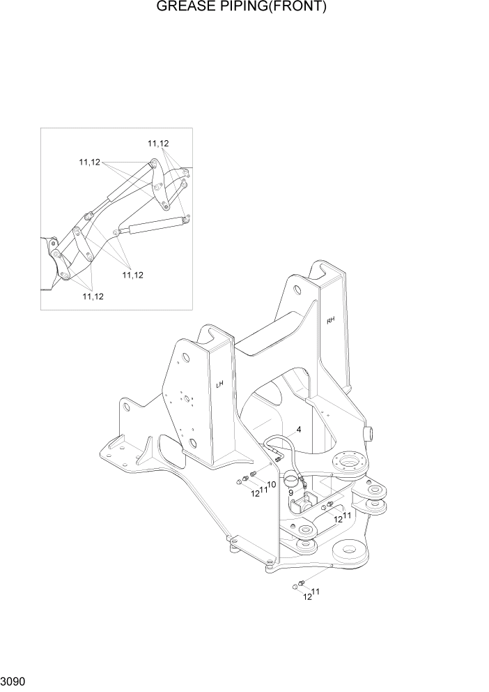 Схема запчастей Hyundai HL740TM-7A - PAGE 3090 GREASE PIPING(FRONT) ГИДРАВЛИЧЕСКАЯ СИСТЕМА