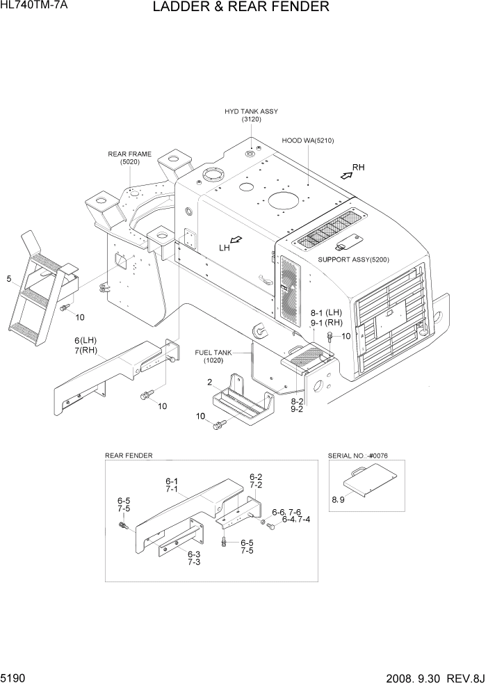 Схема запчастей Hyundai HL740TM-7A - PAGE 5190 LADDER & REAR FENDER СТРУКТУРА