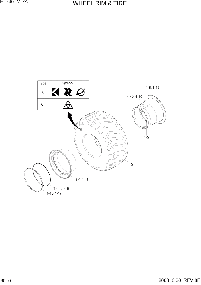 Схема запчастей Hyundai HL740TM-7A - PAGE 6010 WHEEL RIM & TIRE СИЛОВАЯ СИСТЕМА